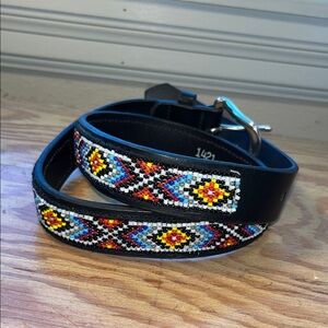 Beaded Black Leather Belt with Colorful Pattern M‎